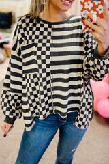 Black Checkered Striped Patchwork Lantern Sleeve Top