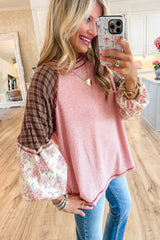 Fushia Floral Plaid Mixed Print Patchwork Raglan Ribbed Top