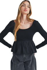 Black Plain Knitted Patchwork Peplum Top