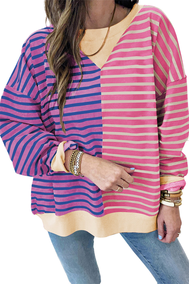 Pink Stripe Colorblock Drop Shoulder Oversize Sweatshirt