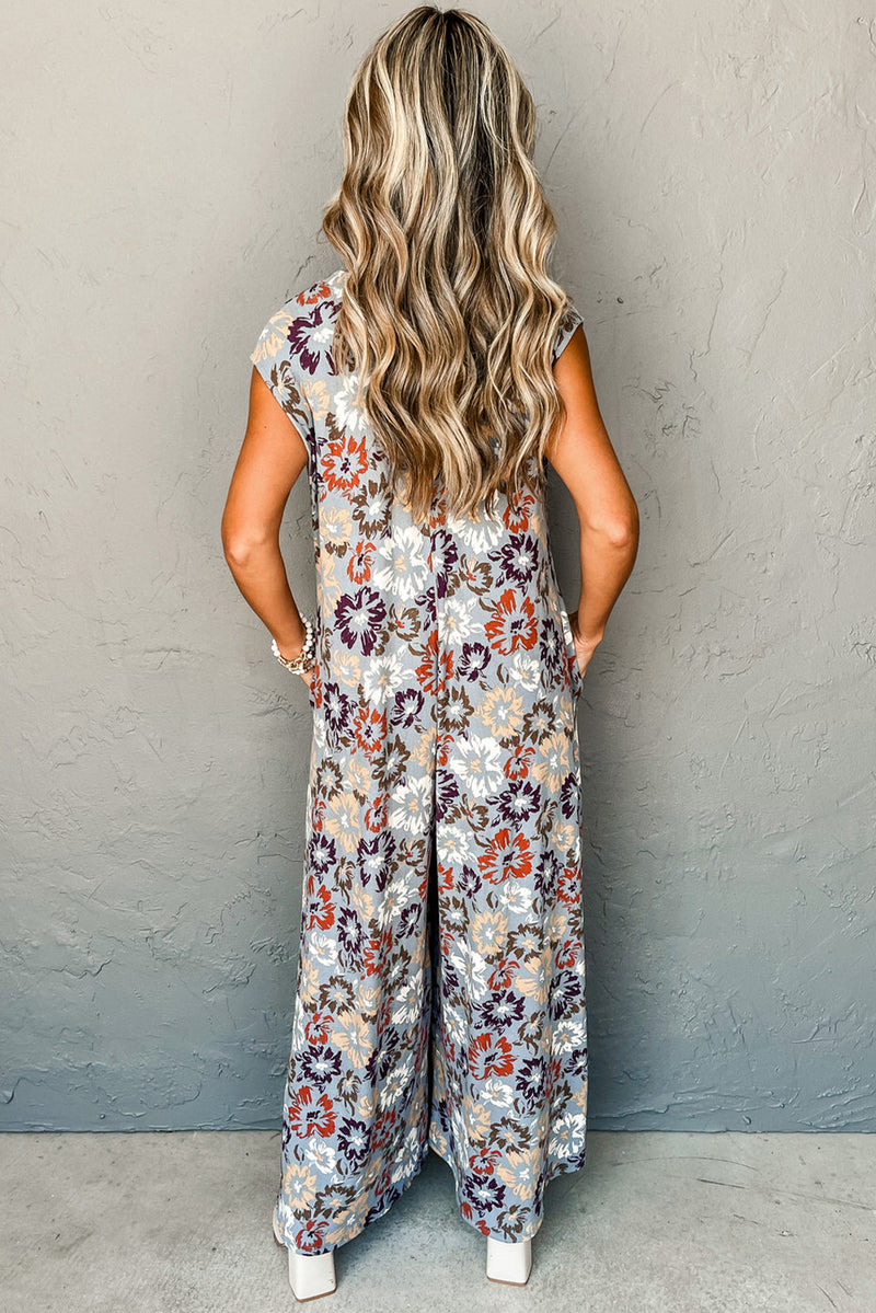 Sky Blue Floral Sleeveless Pocketed Wide Leg Jumpsuit