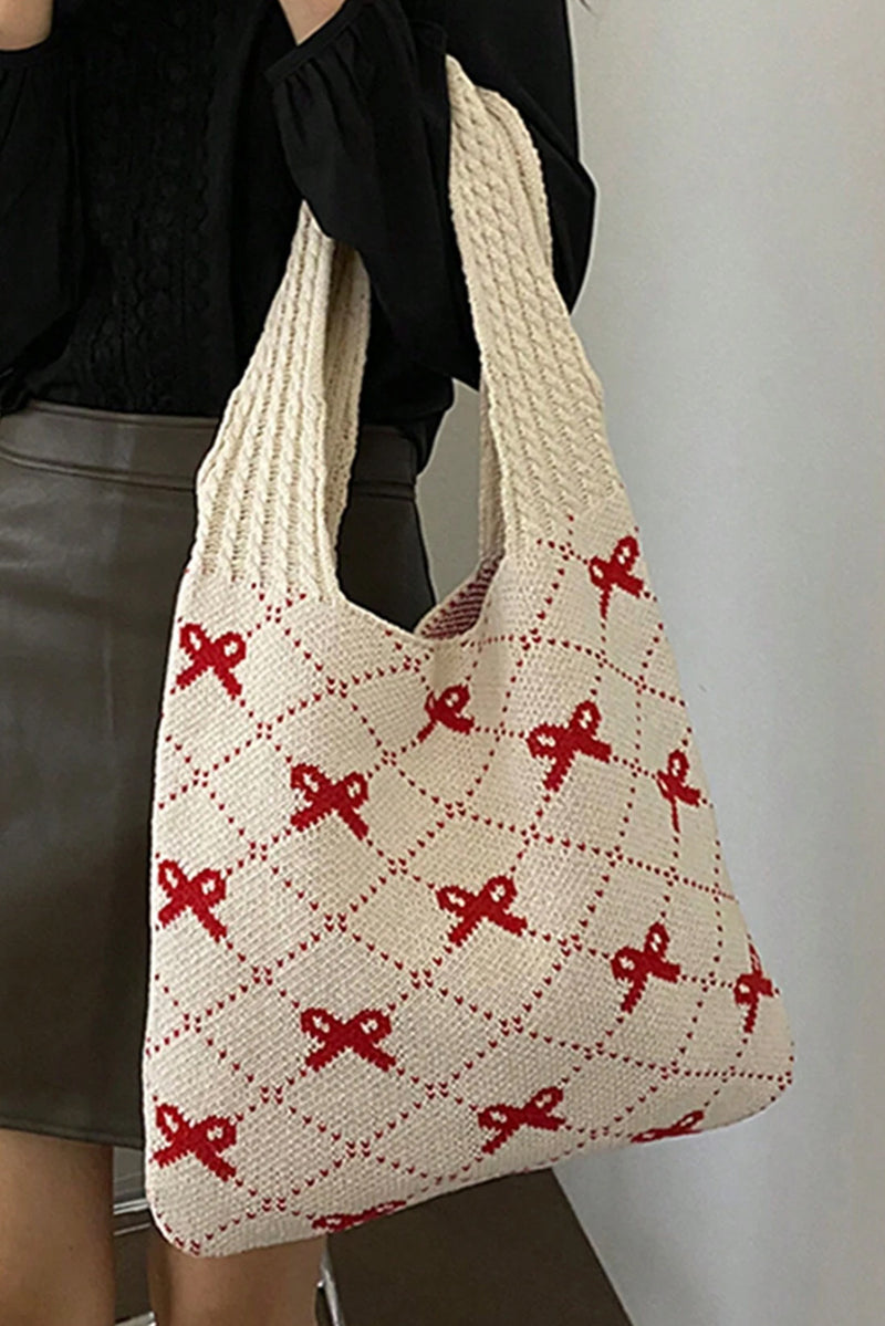 Fiery Red Bow Argyle Pattern Cable Knit Handle Tote Bag