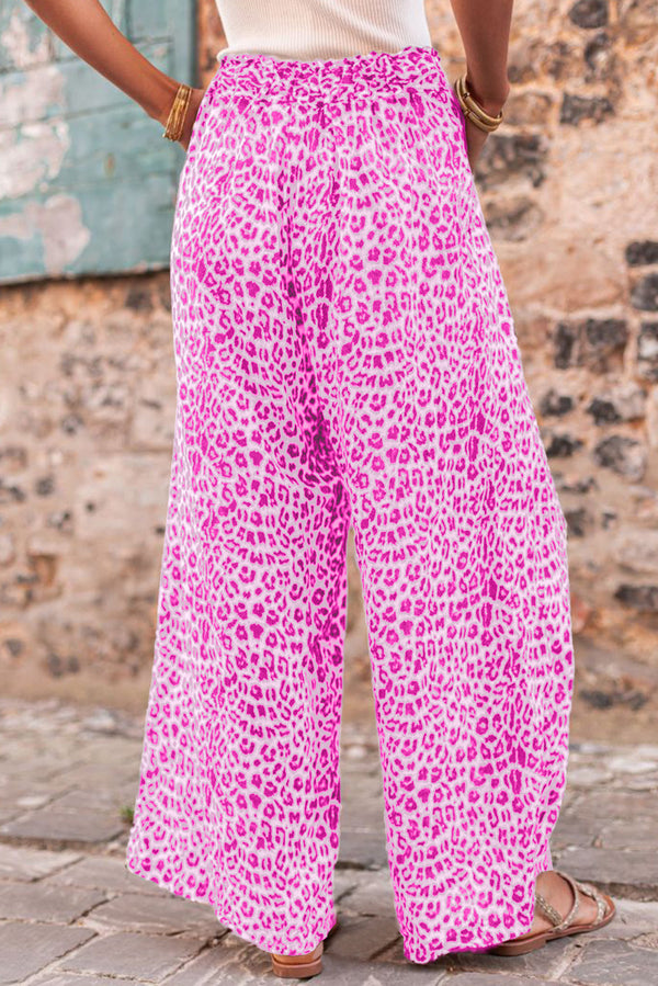 Bright Pink Boho Leopard Print Wide Leg Pants