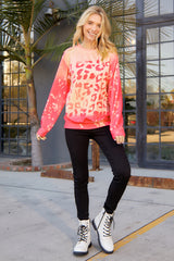 Pink Cheetah Print Drop Sleeve Bleached Sweatshirt