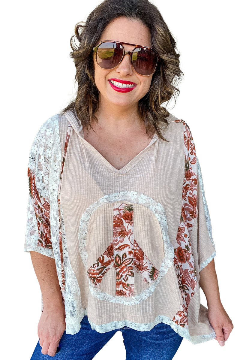 Khaki V Neck Floral Peace Sign Lace Patchwork Ribbed Plus Size Top