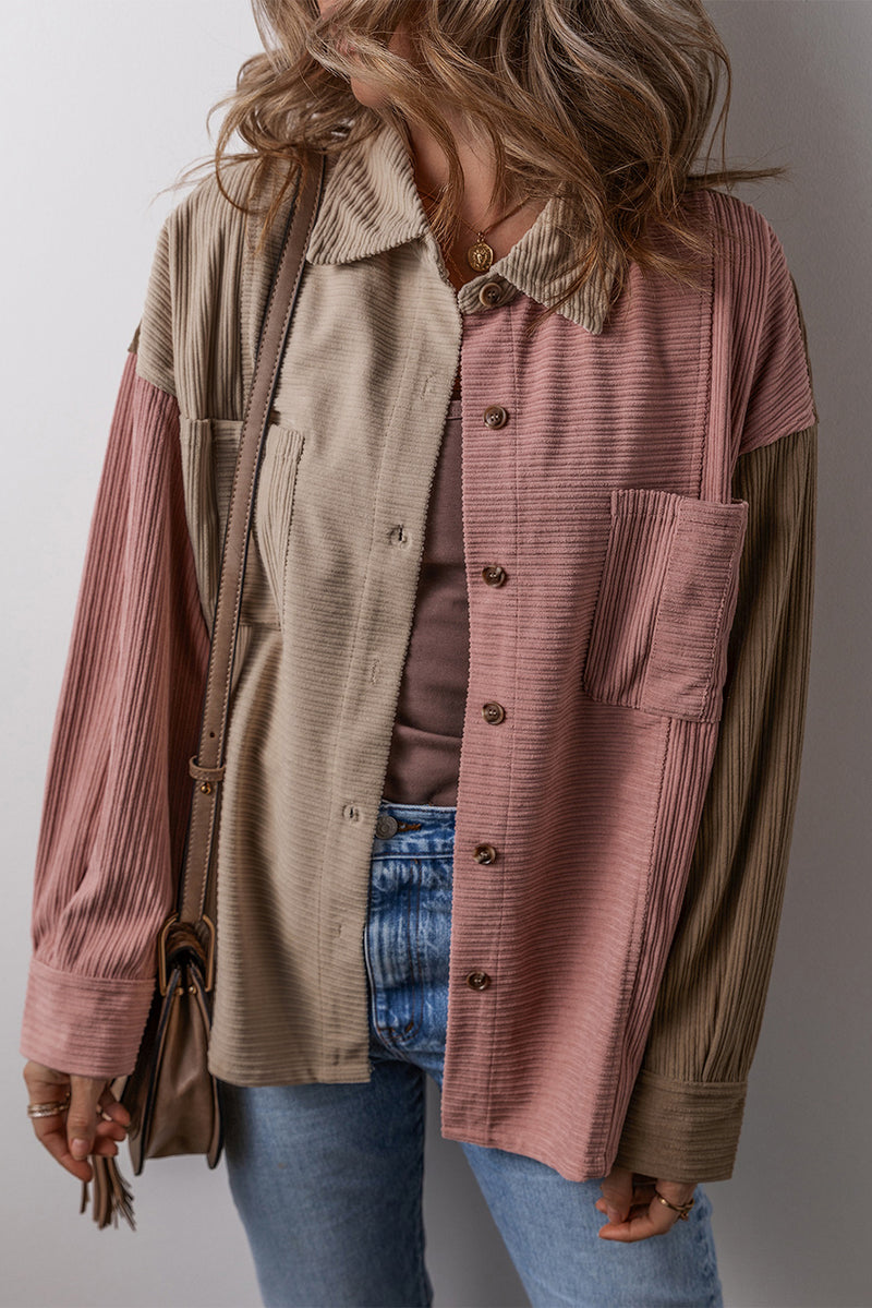 Brown Patchwork Chest Pockets Buttoned Corduroy Shacket