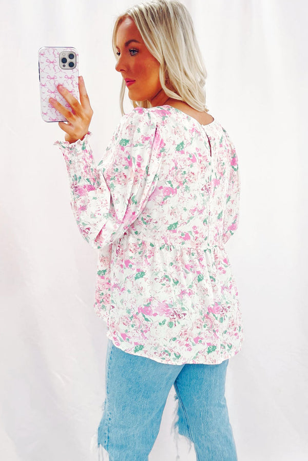 Pink Floral Print Shirred Cuffs Keyhole Back Babydoll Blouse