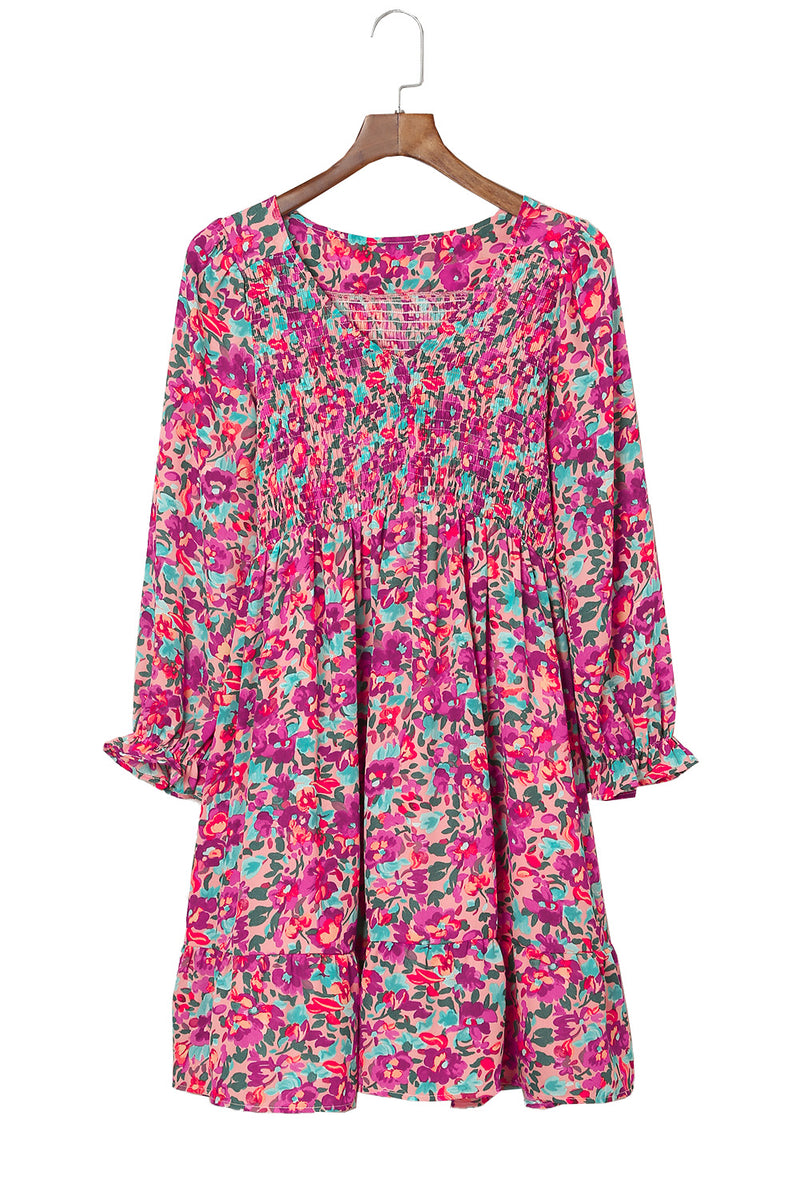 Purple Floral Print Long Sleeve Flounce Hem V Neck Smocked Dress