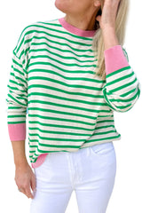 Bright Green Striped Contrast Trim Long Sleeve Top