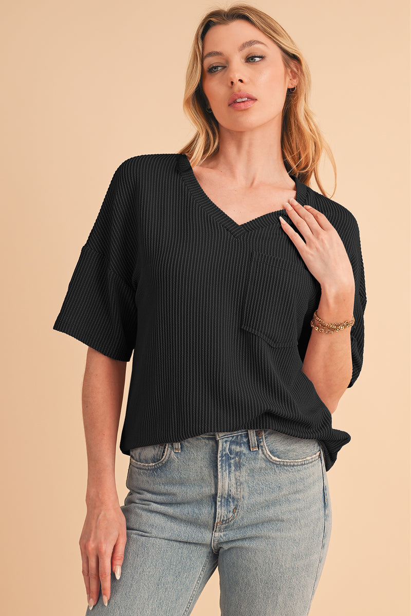 Black Ribbed V Neck Pocket Drop Sleeve T-Shirt