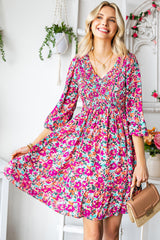 Purple Floral Print Long Sleeve Flounce Hem V Neck Smocked Dress