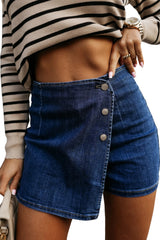 Bluing Asymmetric Wrapped Buttoned High Waist Denim Shorts