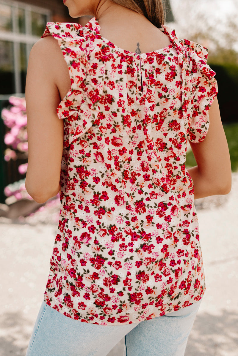 Red Boho Floral Print Ruffled Mock Neck Sleeveless Shirt