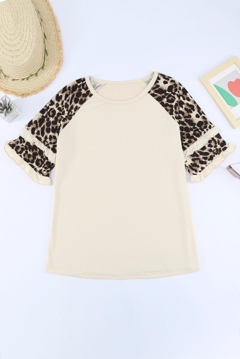 Beige Cheetah Print Tiered Half Sleeve Jewel Neckline T Shirt