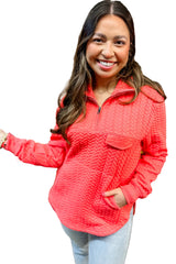 Tomato Red Textured Quarter Zip Plus Size Pullover