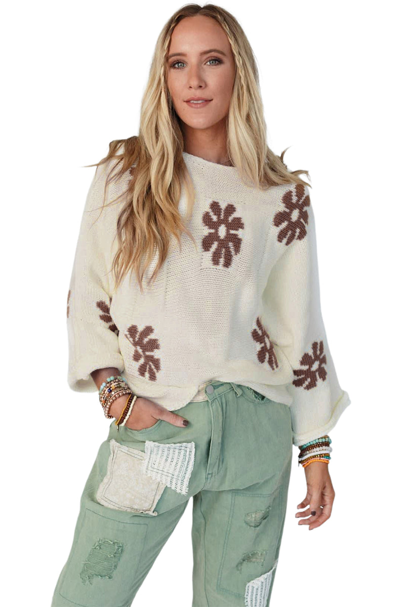 White Colorblock Floral Pattern Crewneck Sweater