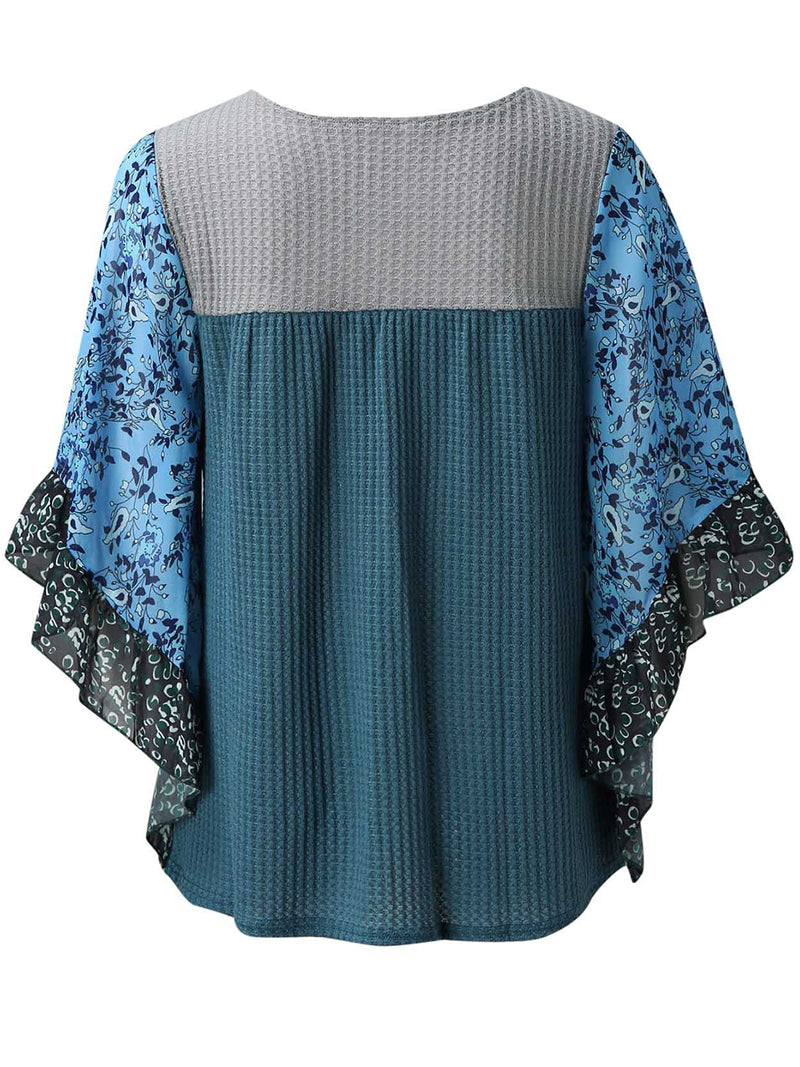 Full Size Printed Round Neck Three-Quarter Sleeve Blouse