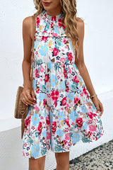 White Frill Mock Neck Sleeveless Tiered Floral Dress