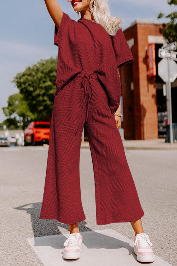 Red Dahlia Textured Loose Fit T Shirt & Drawstring Pants Set