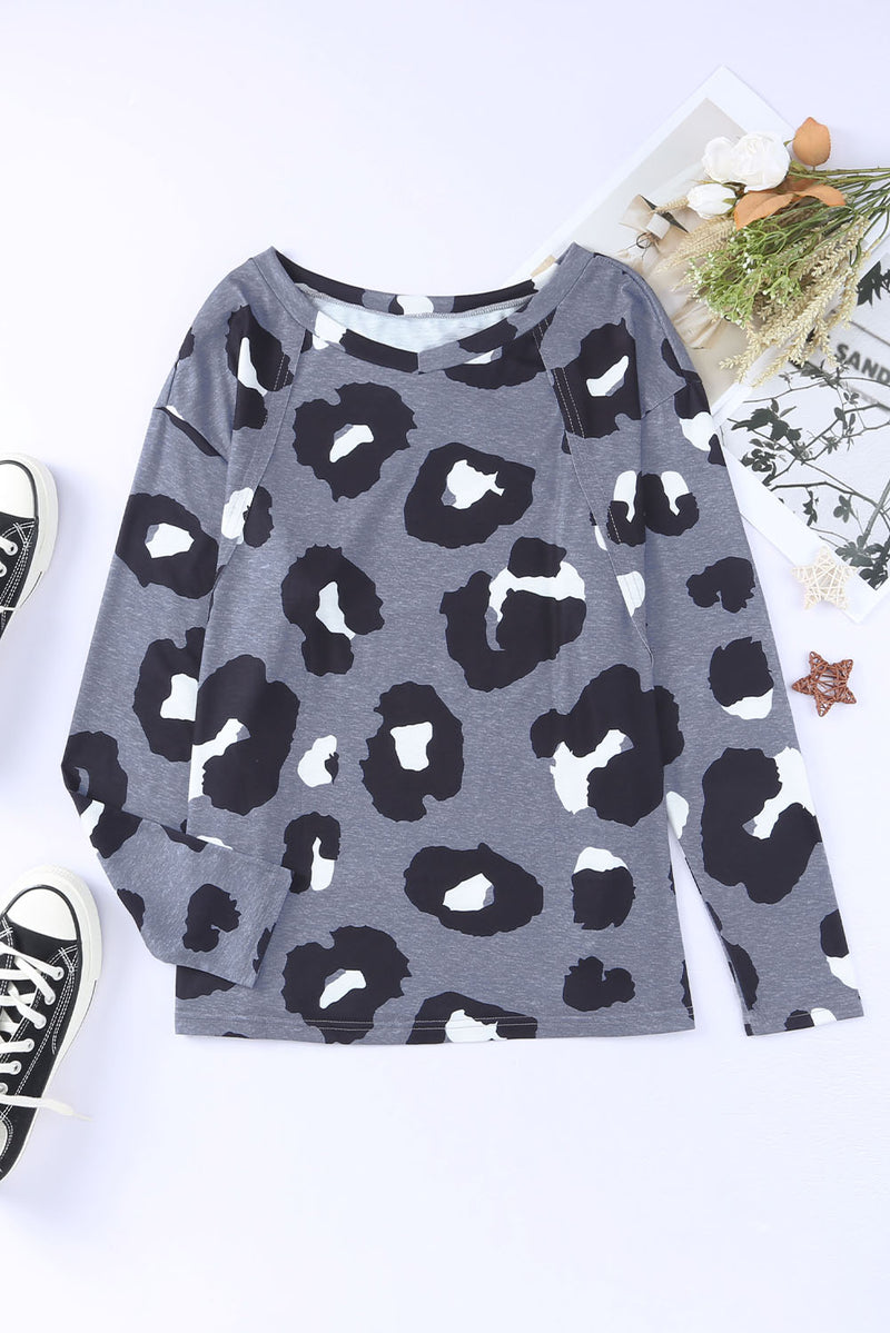 White Leopard Print Casual Loose Long Sleeve Top