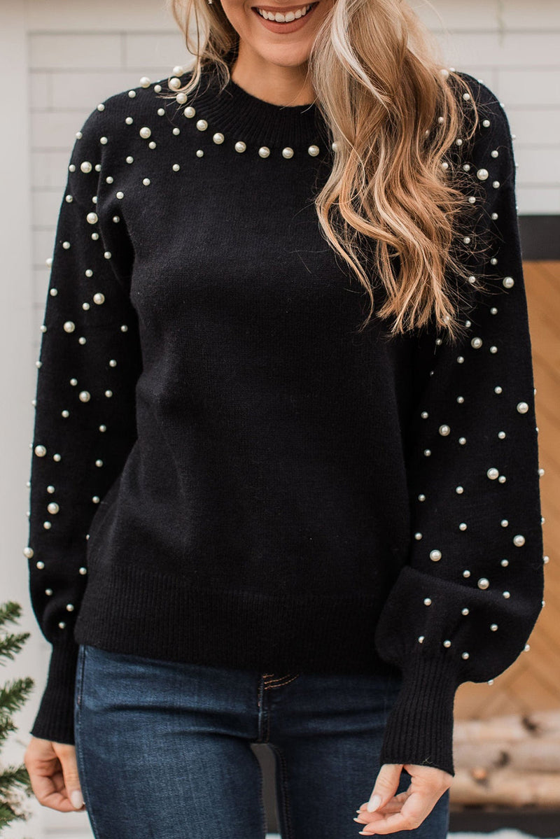 Black Pearl Beaded Bishop Sleeve Sweater