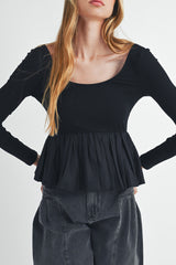 Black Plain Knitted Patchwork Peplum Top