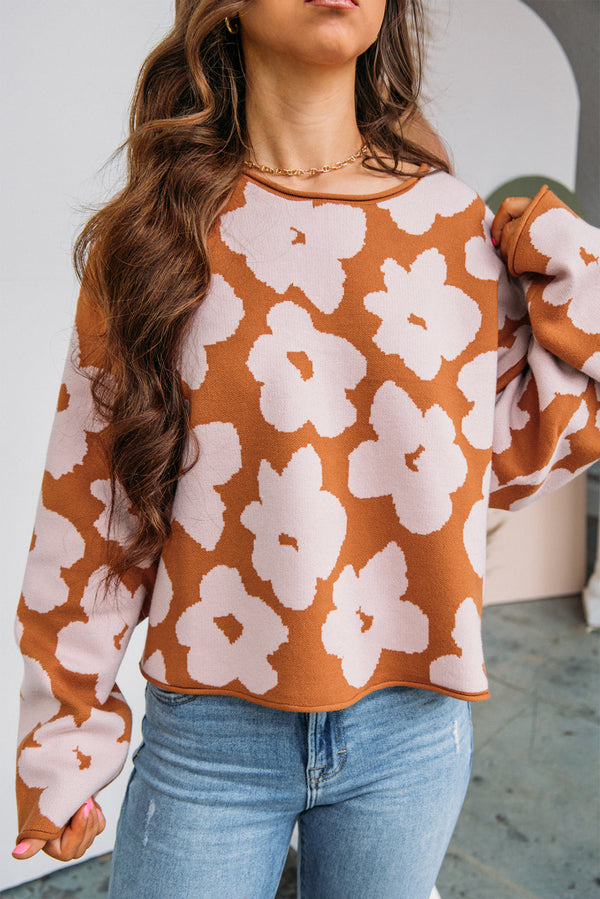 Brown 60s Flower Print Raw Edge Long Sleeve Loose Sweater