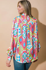 Multicolour Abstract Print Button Lantern Sleeve Shirt