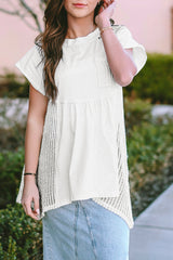 White Hollow Knit Splicing Keyhole Back Tunic Top