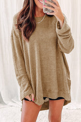 Green Waffle Knit Drop Sleeve High Slits Oversized Top