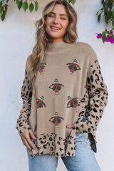 Khaki Sequin Turkey Leopard Mixed Pattern High Neck Sweater