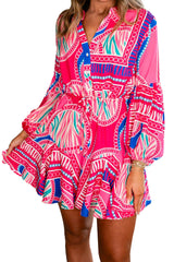 Rose Boho Abstract Print Lantern Sleeve Drawstring Waist Ruffle Mini Dress