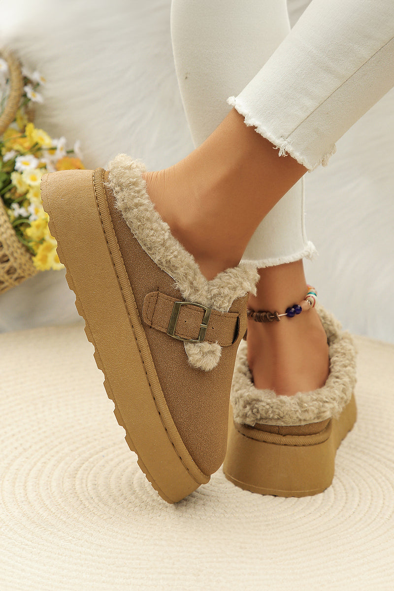 Brown Plush Patched Buckle Decor Thick Sole Thermal Slippers