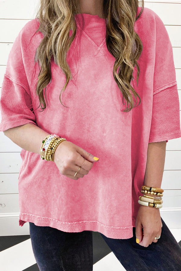 Strawberry Pink Mineral Wash Drop Sleeve Patchwork Plus Size Tee