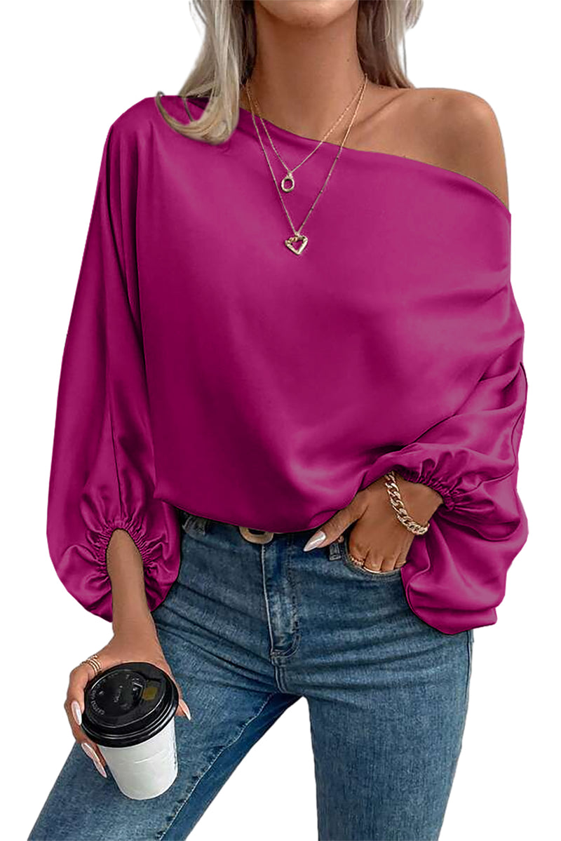 Bright Pink Solid Color Asymmetrical Neck Lantern Sleeve Blouse