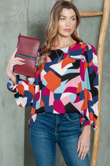 Multicolor Casual Abstract Print Puff Sleeve Blouse