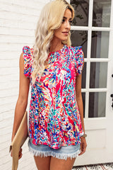 Rosy Boho Abstract Print Ruffle Babydoll Sleeveless Shirt