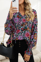 Multicolor Floral Boho Tie V Neck Peasant Blouse