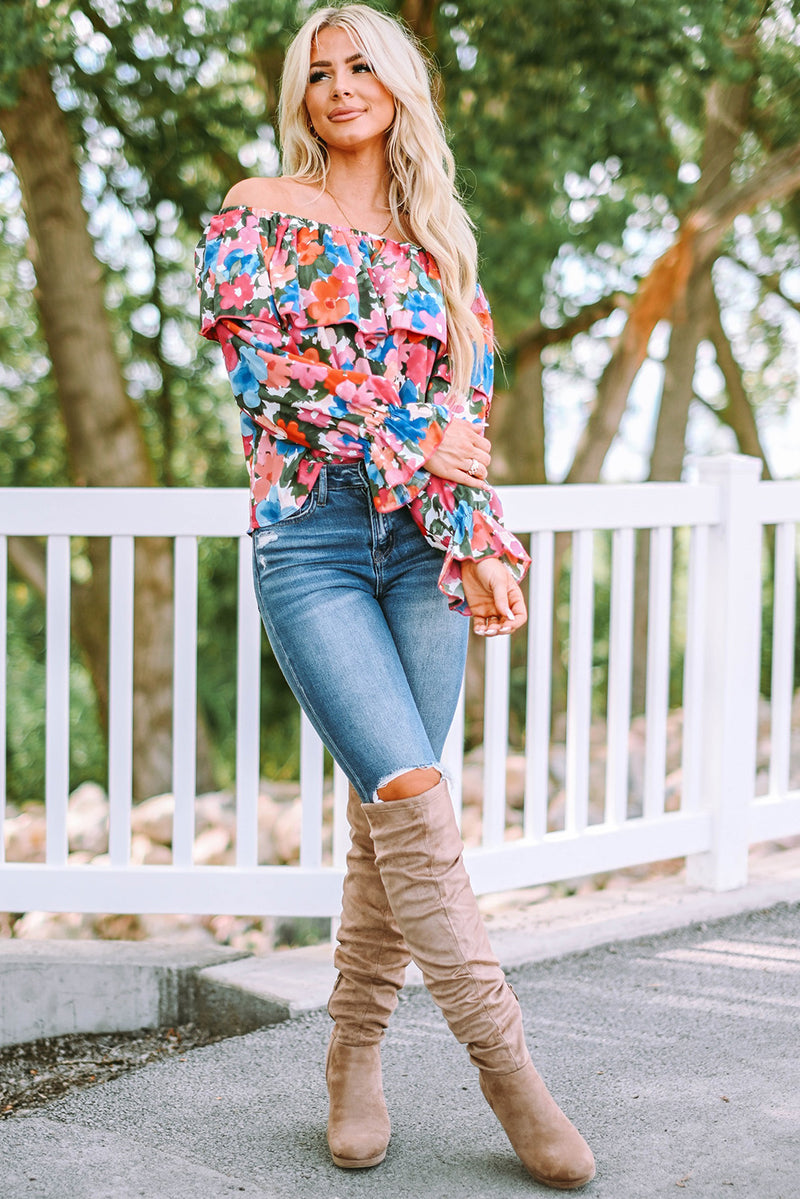 Multicolor Bohemian Floral Print Shirred Ruffle Off Shoulder Blouse