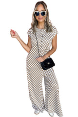 Khaki Checkered Print Buttoned Crew Neck Wide Leg Jumpsuit