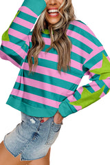 Pink Stripe Star Patchwork Round Neck Pullover Sweatshirt