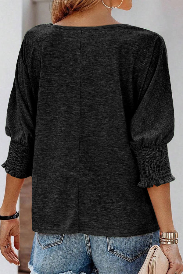 Black Plain Smocked 3/4 Sleeve Casual Loose T Shirt