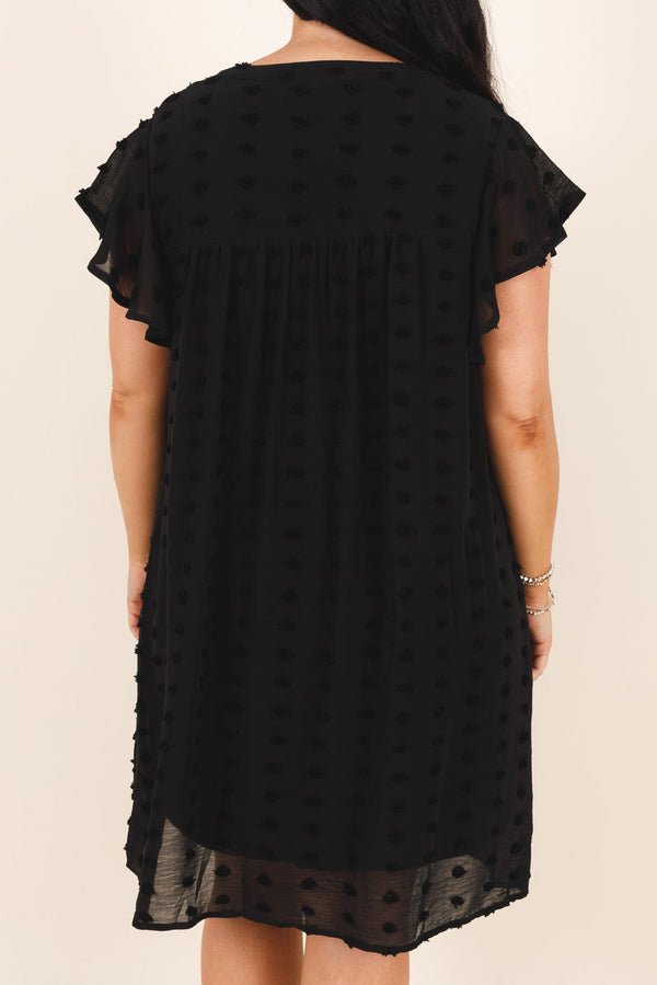 Black Dotty Textured Notched Neck Ruffle Plus Size Dress