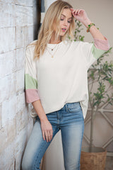 White Ribbed Colorblock Drop Sleeve Top