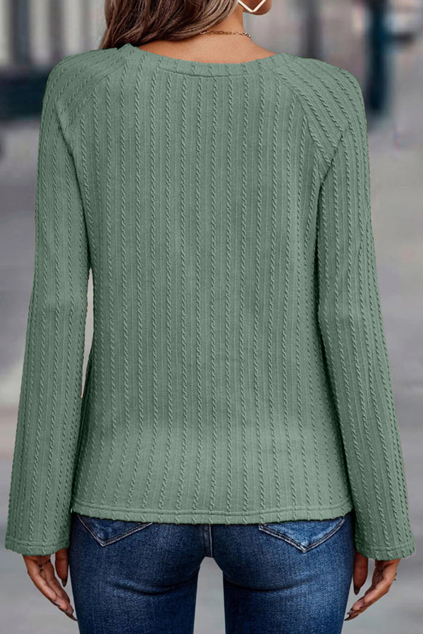 Green Textured Round Neck Knit Long Sleeve Top