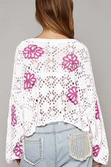 White Flower Print Drop Shoulder Hollow Knit Sweater