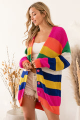 Multicolor Striped Print Button Front Knitted Long Cardigan