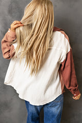 Brown Color Block Pockets Textured Long Sleeve Shacket