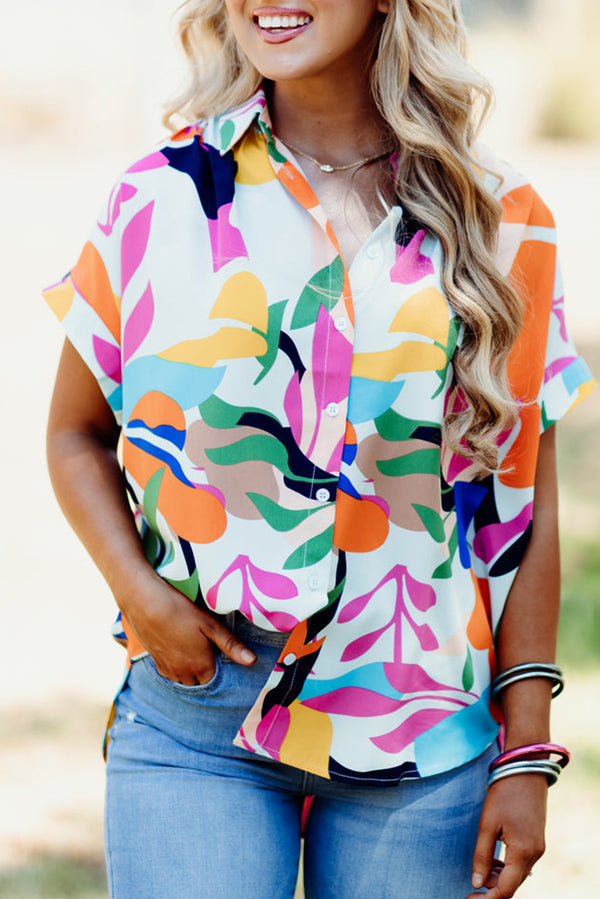 Multicolour Abstract Leaf Print Button Up Short Sleeve Blouse