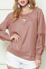 Apricot Lace and Waffle Knit Crisscross Straps V Neck Long Sleeve Top